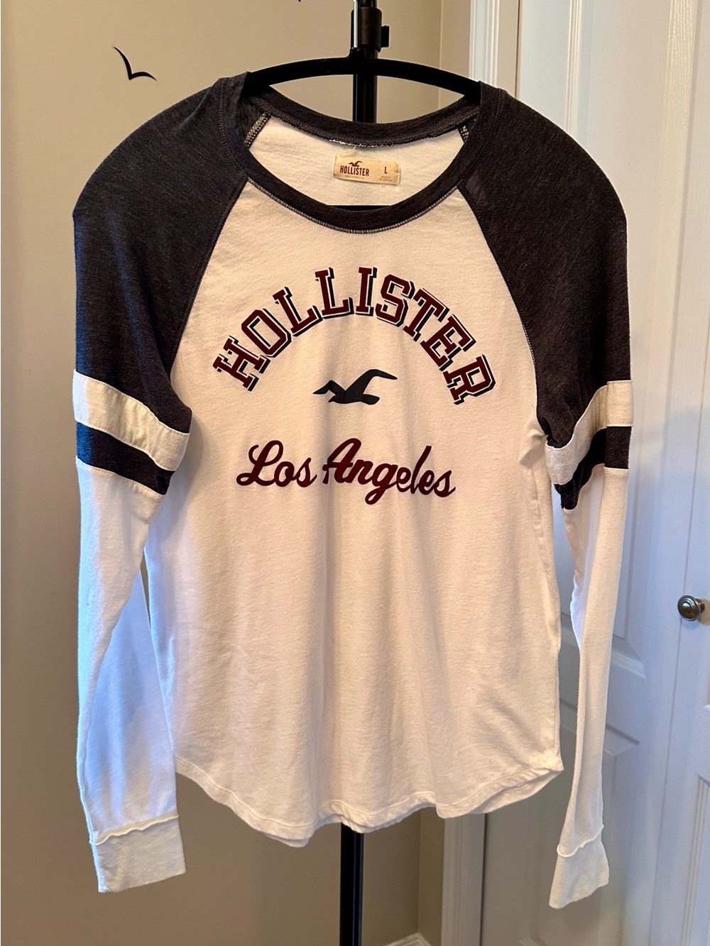 Hollister White Raglan Long Sleeve with Navy Sleeves and Burgundy Logo Large